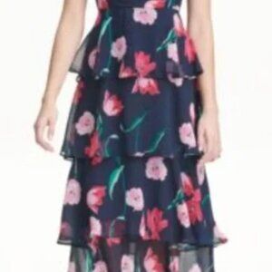 Tommy Hilfiger Tiered Chiffon Maxi Dress FLORAL NAVY SZ 12